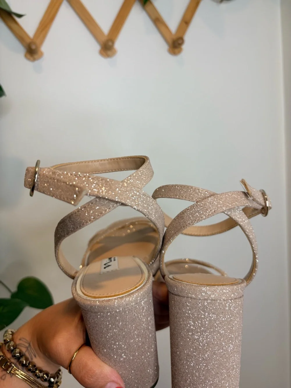 NINA Shelia Nude Glitter Net Block-Heel Platform Sandals With Ankle Strap